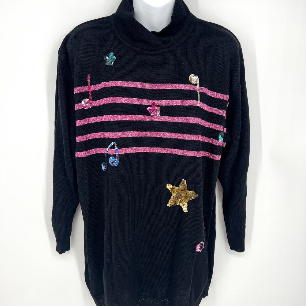 VTG Mondi Germany Black Mock Neck Sweater Sequined Music Theme Both Sides Sz 38